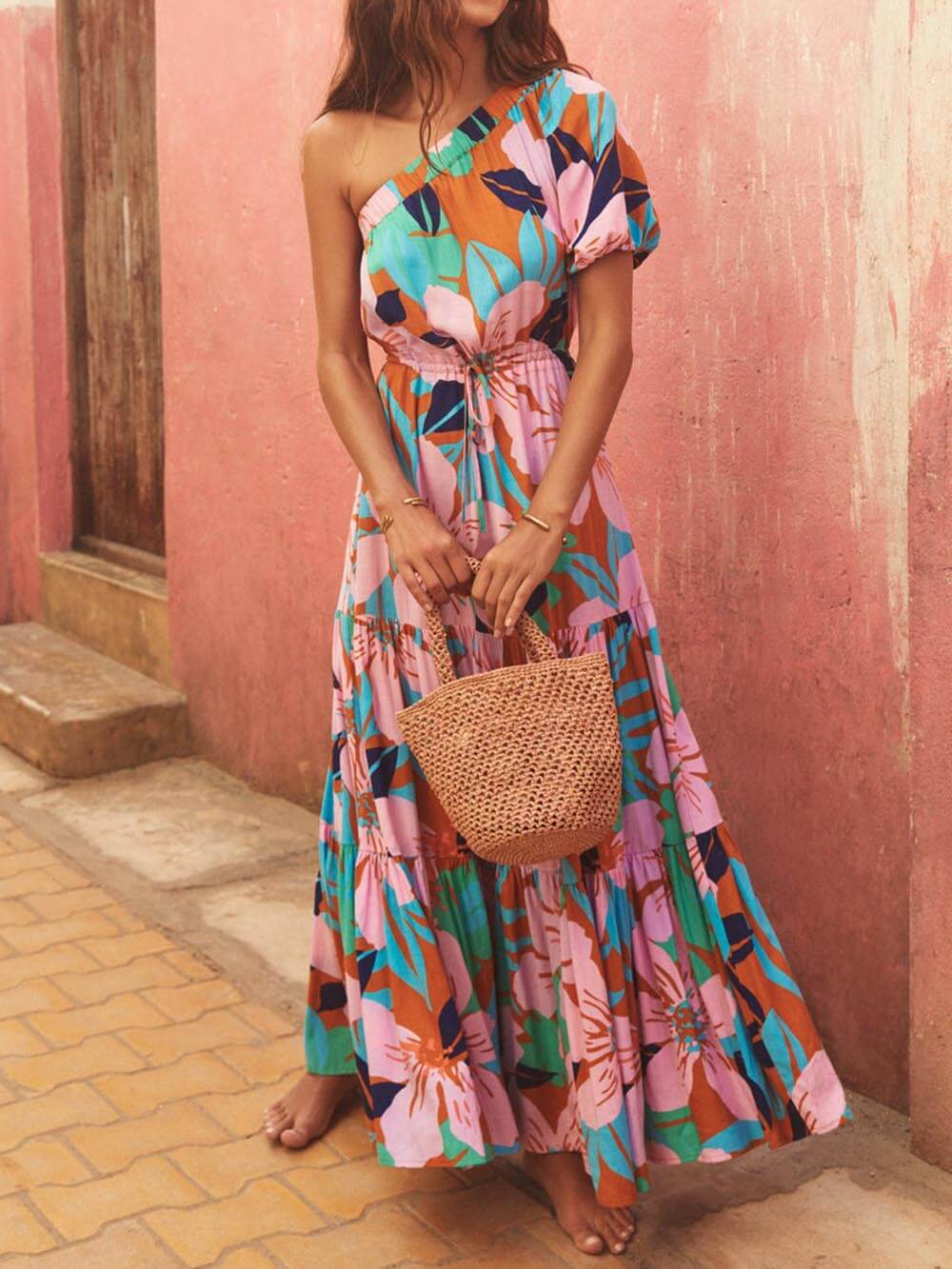 Off-Shoulder Palm Leaf Print Holiday Style Floral Dress