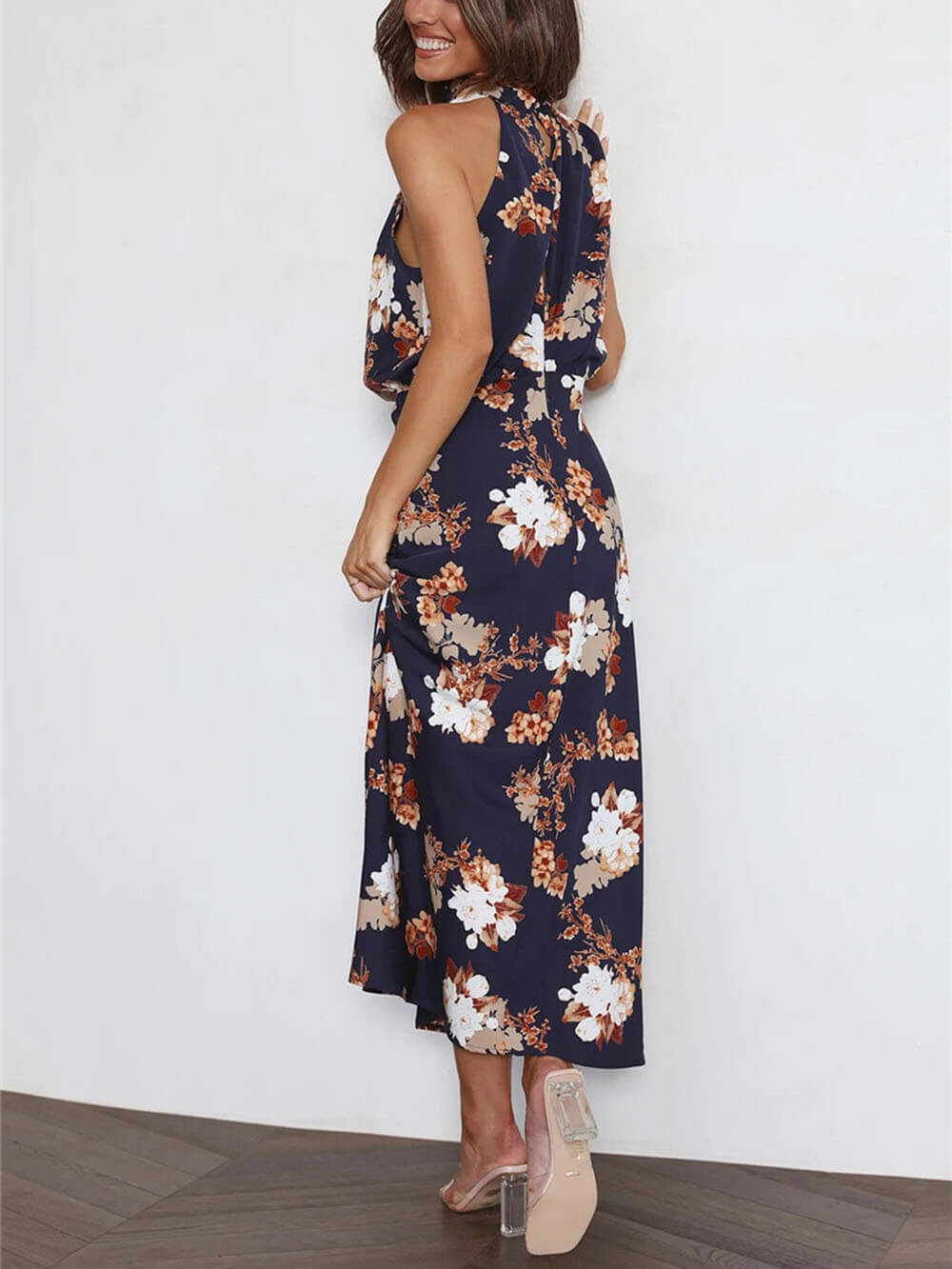 Halter Neck Floral Elastic Waist Maxi Dress