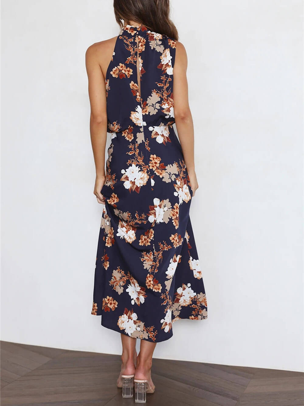 Halter Neck Floral Elastic Waist Maxi Dress